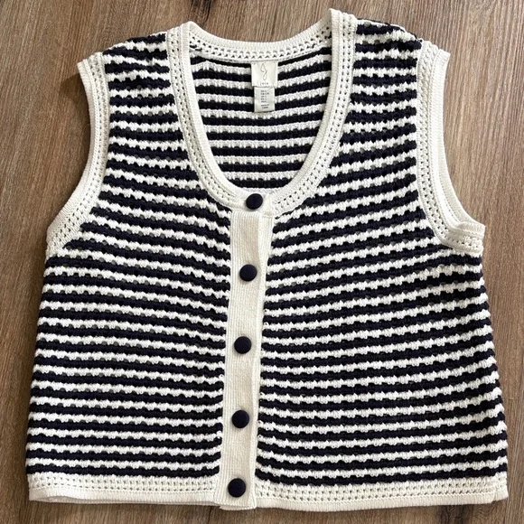 Joie Blue and White Striped V-Neck Sweater Vest - Picture 1 of 5